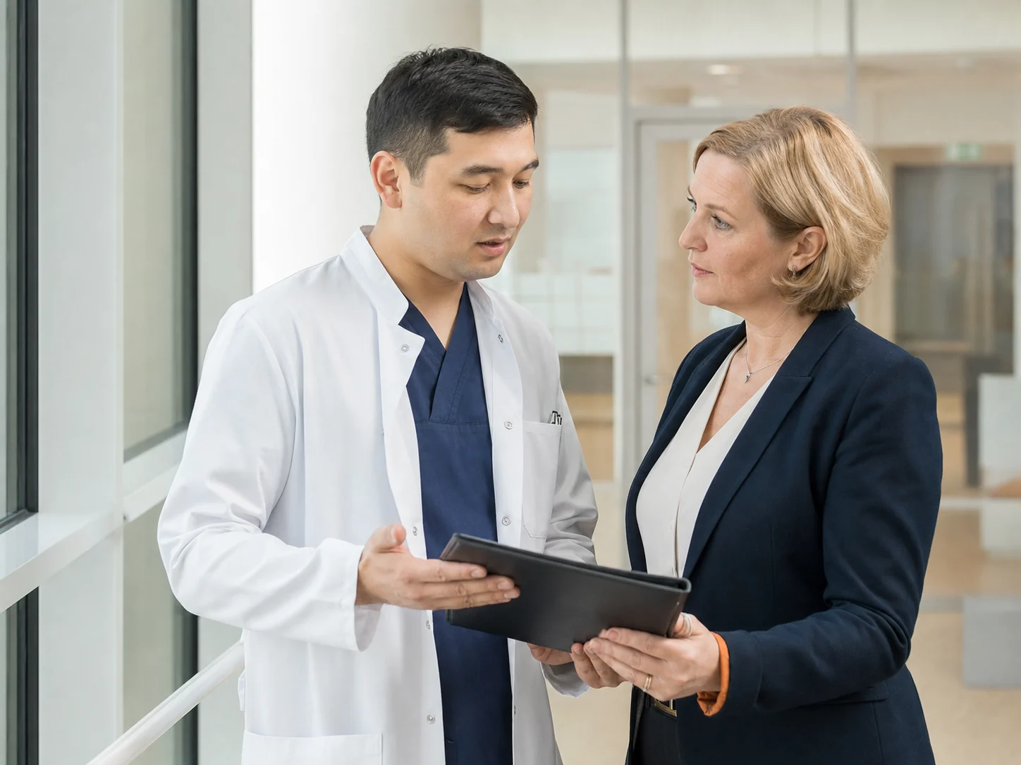 Internationaler Arzt im fachlichen Austausch mit einer Ansprechpartnerin einer deutschen Klinik